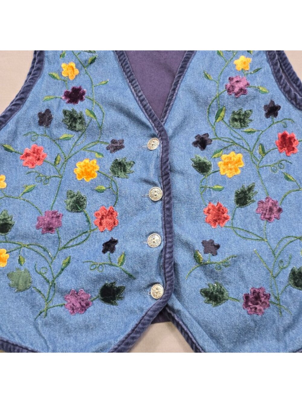 Studio Collection PM Floral Embroidered Denim Vest Blue Boho Cottage Core Petite - Picture 3 of 5